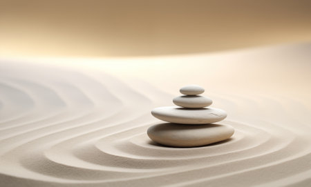 Zen stones stack on raked sand in a minimalist setting for balance and harmony. Balance, harmony, and peace of mind, wellness, meditation, and spirituality conceptの素材