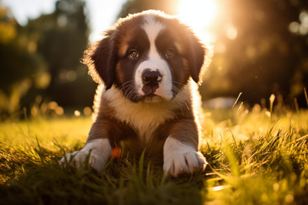 A curious cute Saint Bernard puppy with expressive eyes and floppy ears, exploring the outdoors on a sunny dayの素材