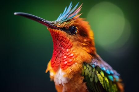 Stunning close-up captures the radiant colors and intricate details of a hummingbird, showcasing its vibrant feathers against a soft defocused backgroundの素材