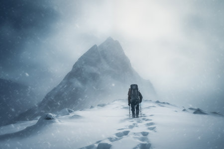 A mountaineer in mountains approaching a majestic snowy mountain peak amidst a snowfall and snow storm. Solitude and determination, adventure and challenge of climbing in extreme conditionsの素材