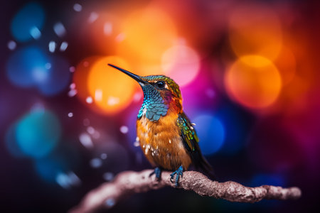 Stunning close-up captures the radiant colors and intricate details of a hummingbird, showcasing its vibrant feathers against a soft defocused backgroundの素材