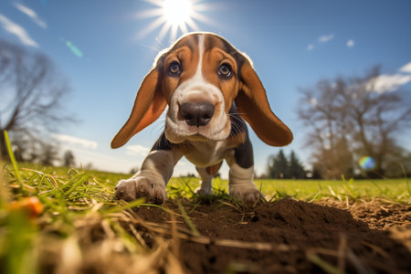 A close-up shot of a playful Basset Hound puppy with floppy ears, exploring the outdoorsの素材