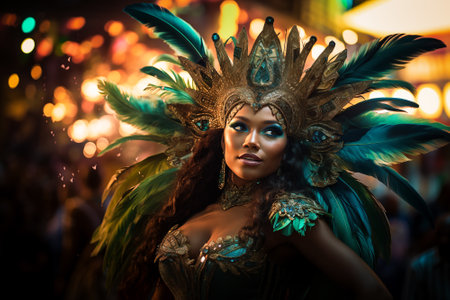 Captivating image capturing the essence of the Rio Carnival, showcasing a dancer adorned in an elaborate, vibrant costume, embodying the spirit and energy of this iconic festivalの素材