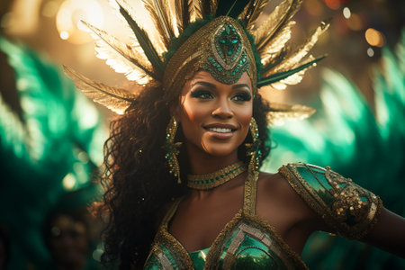 Captivating image capturing the essence of the Rio Carnival, showcasing a dancer adorned in an elaborate, vibrant costume, embodying the spirit and energy of this iconic festivalの素材