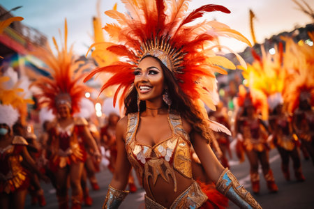 Captivating image capturing the essence of the Rio Carnival, showcasing a dancer adorned in an elaborate, vibrant costume, embodying the spirit and energy of this iconic festivalの素材