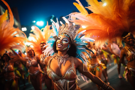 Captivating image capturing the essence of the Rio Carnival, showcasing a dancer adorned in an elaborate, vibrant costume, embodying the spirit and energy of this iconic festivalの素材