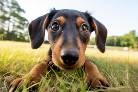 Young dachshund puppy lying in a sunlit field, surrounded by natureの素材