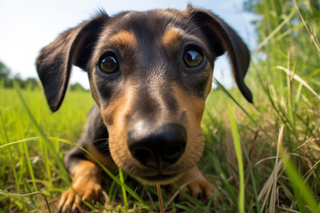 Young dachshund puppy lying in a sunlit field, surrounded by natureの素材