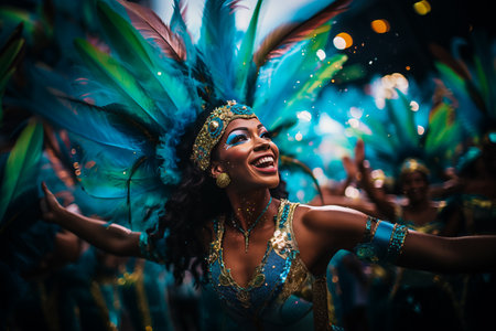 Captivating image capturing the essence of the Rio Carnival, showcasing a dancer adorned in an elaborate, vibrant costume, embodying the spirit and energy of this iconic festivalの素材