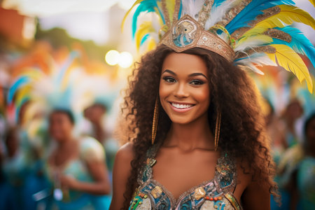 Captivating image capturing the essence of the Rio Carnival, showcasing a dancer adorned in an elaborate, vibrant costume, embodying the spirit and energy of this iconic festivalの素材
