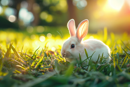 bunny with large, attentive ears, basking in the golden hour sunlight amidst a lush green fieldの素材