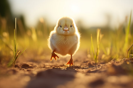 Cute fluffy yellow chick outdoors in grassの素材