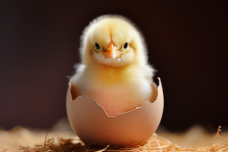 A close-up image capturing the moment a fluffy yellow chick emerges from its egg, showcasing the beauty of new lifeの素材