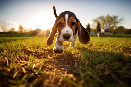 A close-up shot of a playful Basset Hound puppy with floppy ears, exploring the outdoorsの素材