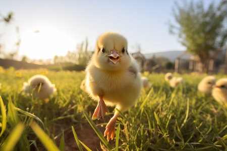Cute fluffy yellow chick outdoors in grassの素材