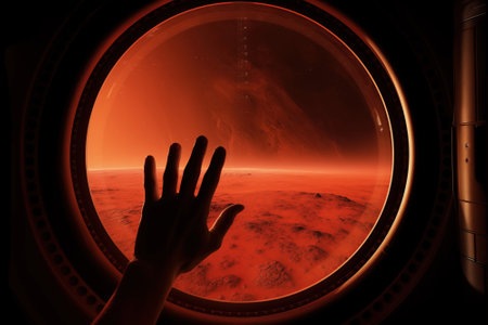 Mars landscape seen through spaceship window illuminator with astronaut hand touching the glass. Concept of extraterrestrial journey space exploration, conveys sense of otherworldly beauty and wonderの素材