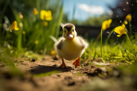 A close-up of a cute duckling standing in a sunlit meadow, with other ducklings and wildflowers in the backgroundの素材
