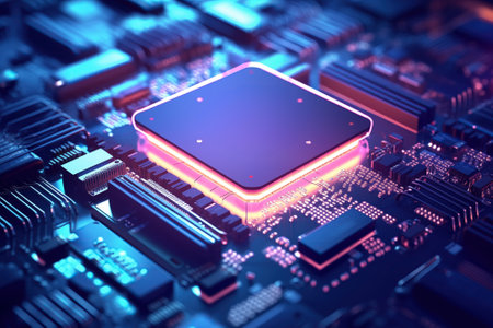 Close-up of a computer processor chip CPU on a motherboard with glowing neon lights. The chip is surrounded by other electronic components. Technology and hardware related contentの素材