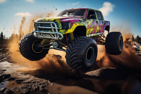 Monster truck driving and jumping outdoors amidst a cloud of dust. Thrill and adrenaline of an outdoor racing event on off-road terrainの素材