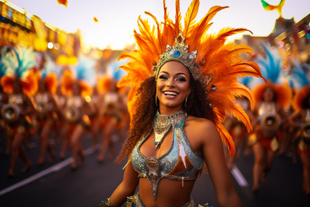 Captivating image capturing the essence of the Rio Carnival, showcasing a dancer adorned in an elaborate, vibrant costume, embodying the spirit and energy of this iconic festivalの素材