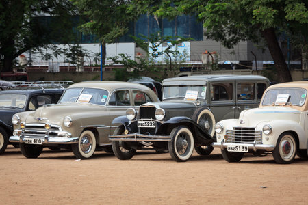 CHENNAI - INDIA - JULY 24, 2011: Vauxhall Velox 1951, Dodge 1931 and Chevrolet Fleet Master retro vintage cars on Heritage Car Rally 2011 of Madras Heritage Motoring Club at Egmoreのeditorial素材