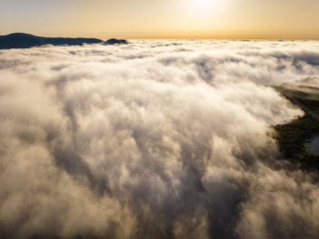 Aerial view of sunset above clouds at Fanal mountain, Madeira island, Portugalの写真素材