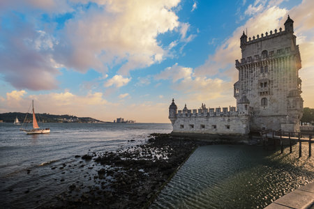 Belem Tower or Tower of St Vincent - famous tourist landmark of Lisboa and tourism attraction - on...