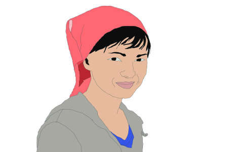 Girl in a red scarf smiling on white の写真素材