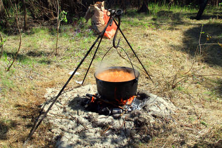 In a pot on the fire preparing foodの写真素材
