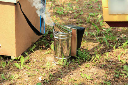Closeup of bee smoker on crate at farmの写真素材