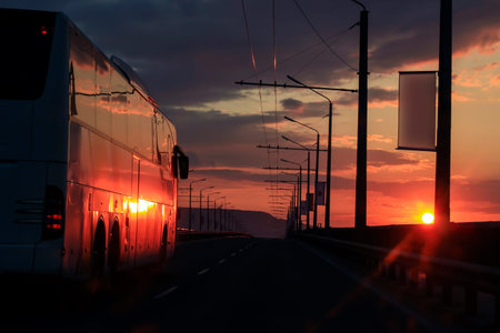 Free travel by bus at dawn on the worldの写真素材