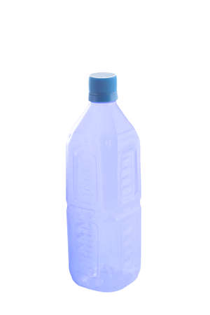 Plastic bottle empty purple with blue cover isolated on whiteの写真素材