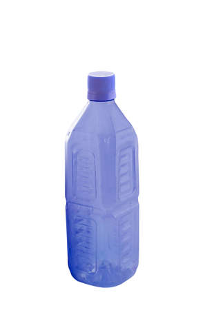 Plastic bottle empty purple with blue cover isolated on whiteの写真素材