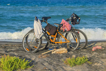 Two bicycle at the beachの写真素材