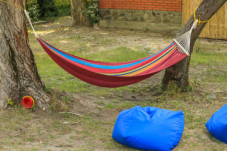 Relaxing on hammock in gardenの写真素材