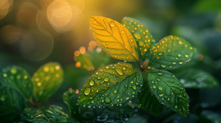 green leaf with water drops in the morning, nature background and wallpaperの素材