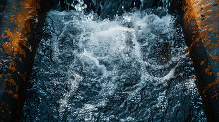 Water flowing from the pipe to the water surface. Abstract background.の素材