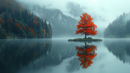 Beautiful autumn landscape with a lonely tree on a lake in the mountainsの素材
