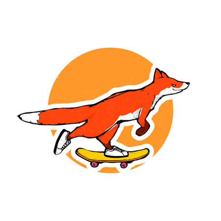 Cartoon red fox riding a skateboard, vector artのイラスト素材