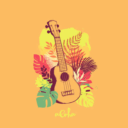 Hawaiian guitar Ukulele with the text Alohaのイラスト素材