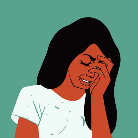 Crying girl wipes tears with her handのイラスト素材