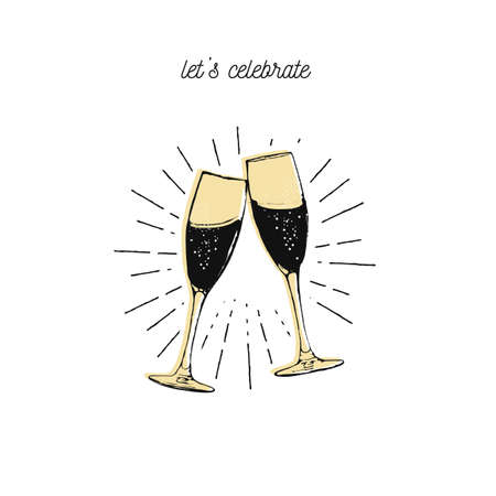 Two sparkling glasses of champagne, flat graphicのイラスト素材