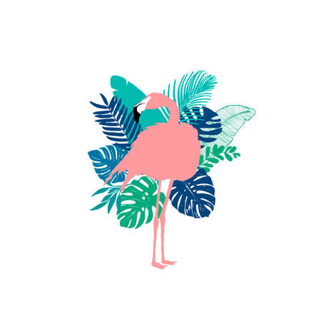 Flamingo, palm leaves, bird of paradise, vectorのイラスト素材