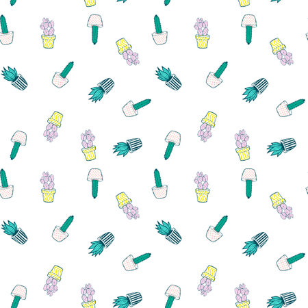 Cacti in pots, flat hand drawing seamless pattern
