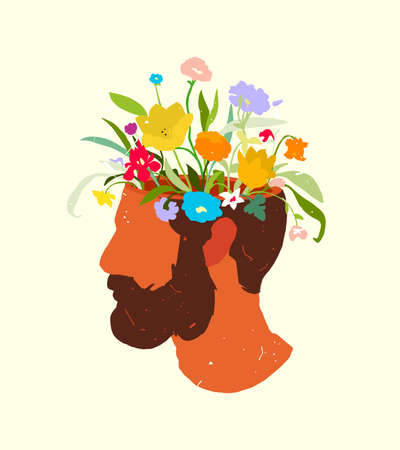 Mans profile with blossom flowers in his headのイラスト素材