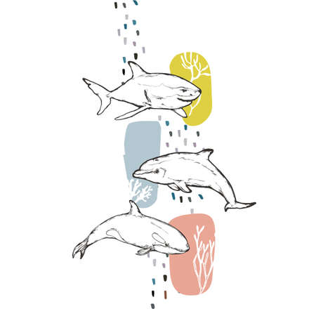 Killer whale, shark and dolphin with the coralsのイラスト素材