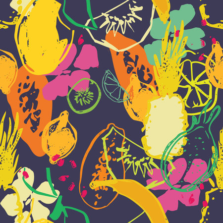 Colorful tropical fruits seamless pattern. Exotic pattern with bright colors for fabrics, textiles,...
