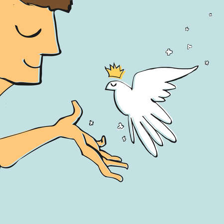 smiling cartoon man face and white doveのイラスト素材