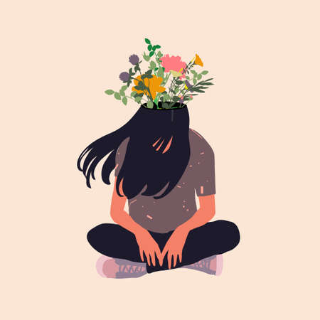 Girl sitting in lotus position with blossom flowers in the headのイラスト素材