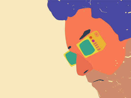 Close up view of mans face with TVs in the eye place. The conception of addiction to watching the newsのイラスト素材